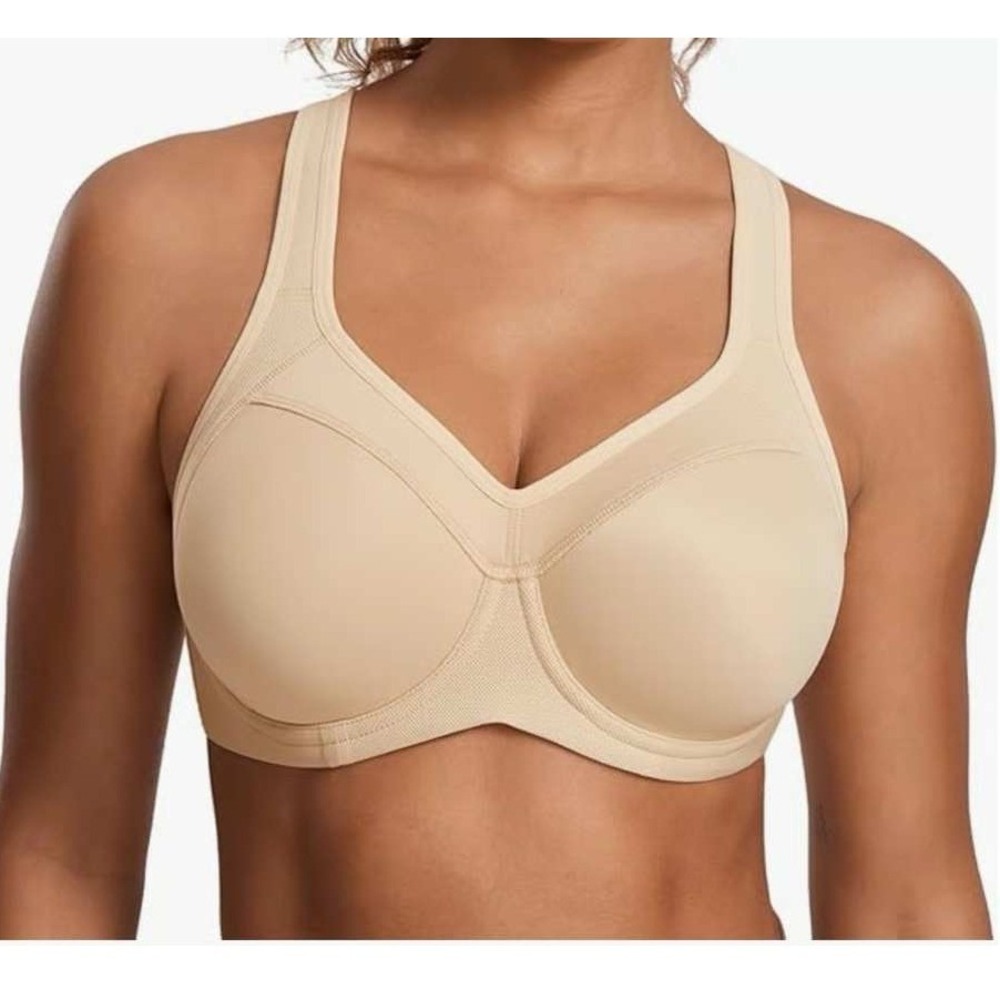 Syrokan 34F Sports Bra High Impact Lightly Lined Underwire Racerback Beige Tan